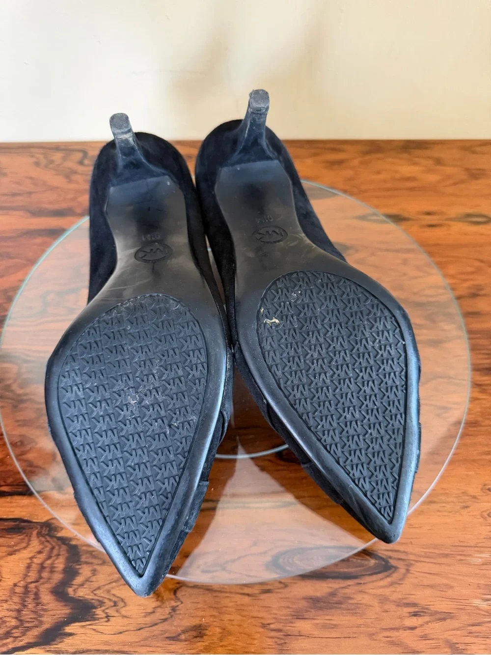 Michael Kors Caroline Black Suede Gold MK Logo Medallion Pointed Toe Pumps 9.5